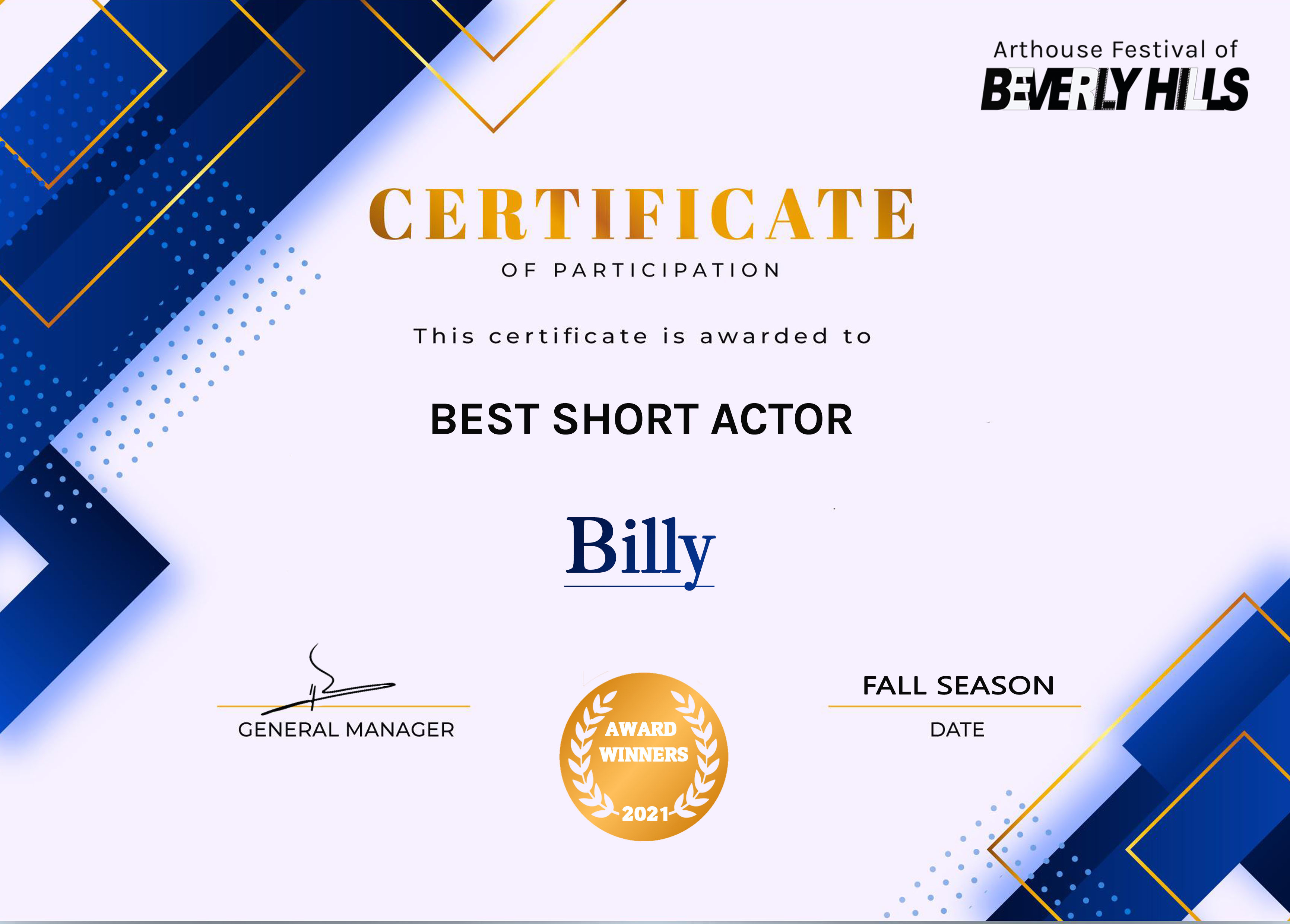 Best Short Actor: Arthouse Festival of Beverley Hills