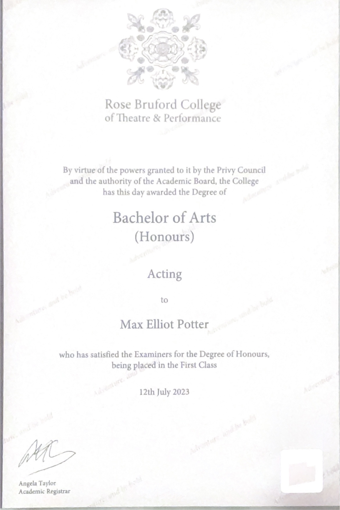 BA Hons Acting Degree - First Class Honours