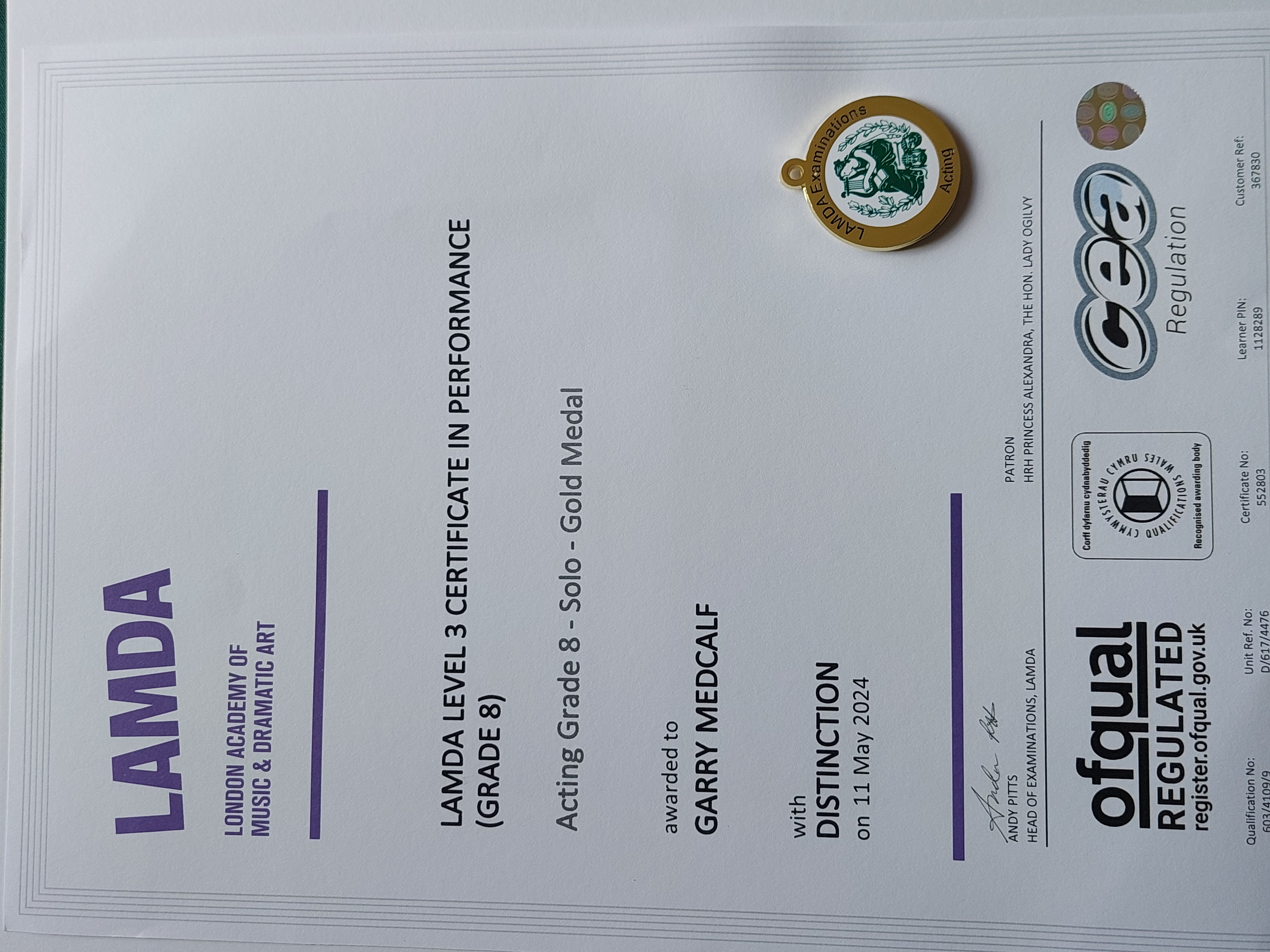 LAMDA  GOLD MEDAL with Distinction 